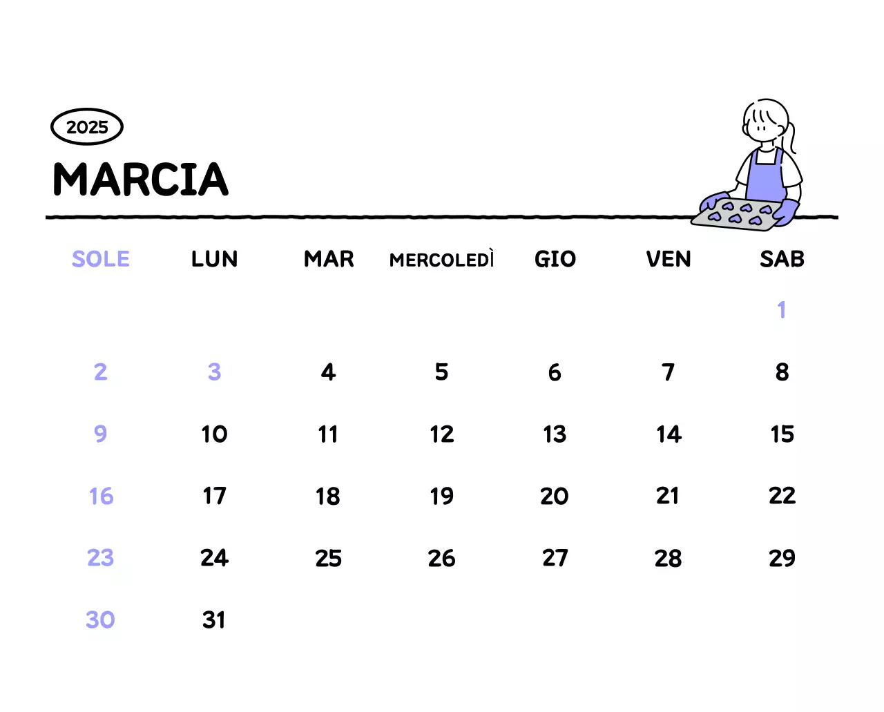 Calendario illustrato con un grazioso stile di linee