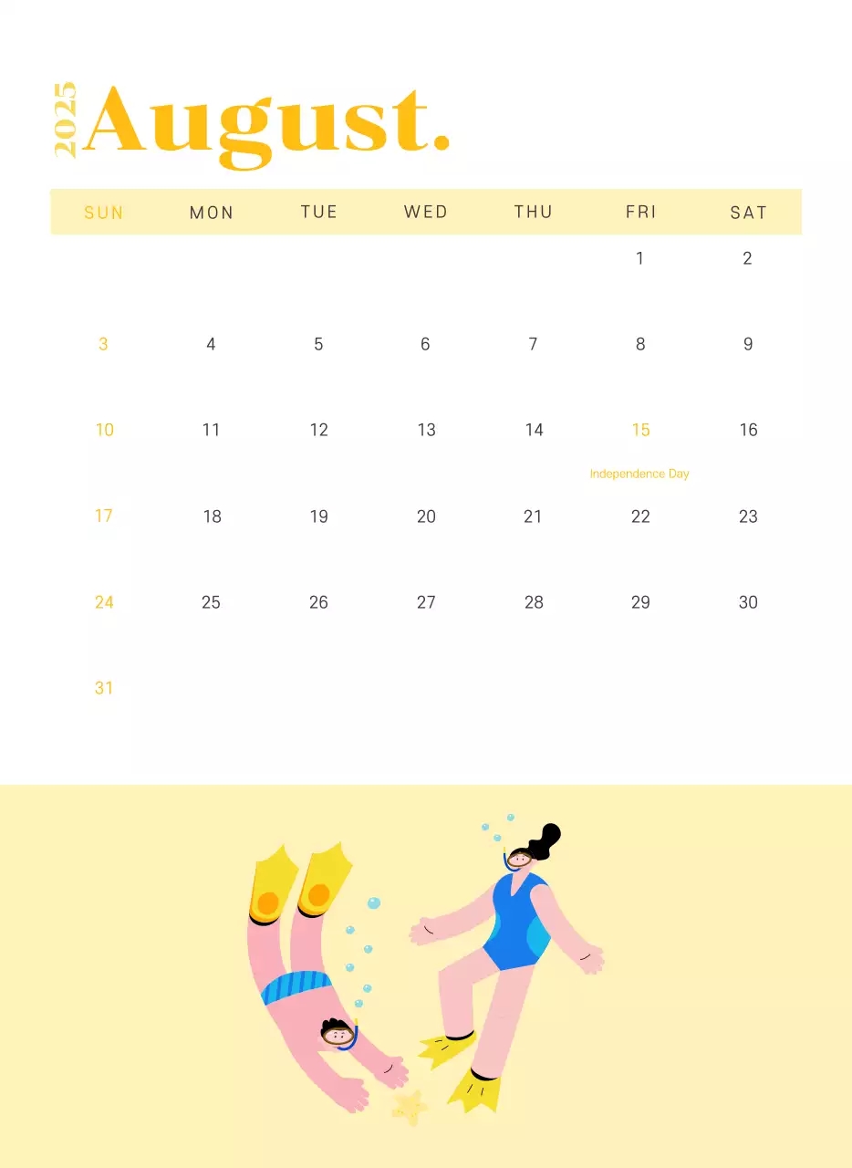 Kalender dengan ilustrasi anak muda dengan latar belakang kuning-hijau