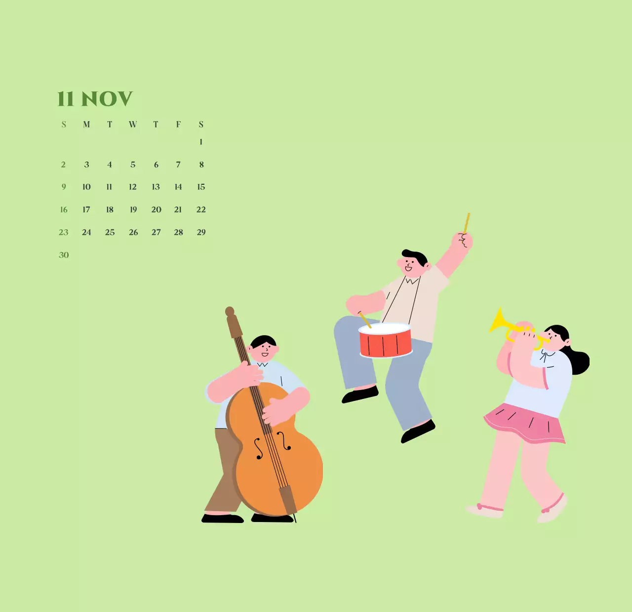 Calendario con ilustraciones juveniles sobre fondo amarillo verdoso