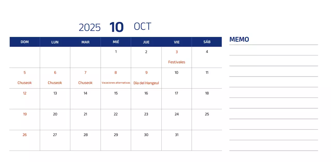 Calendario sencillo con ilustraciones azules y limpias