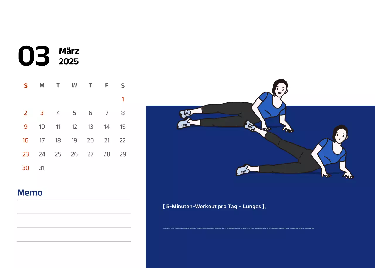 Einfacher Kalender mit blauen, klaren Illustrationen