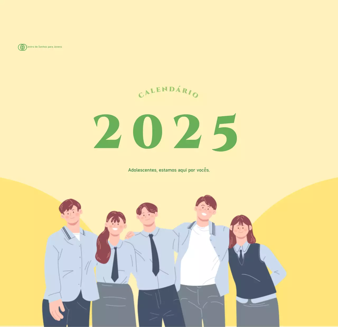 Calendário com ilustrações de jovens num fundo amarelo-verde