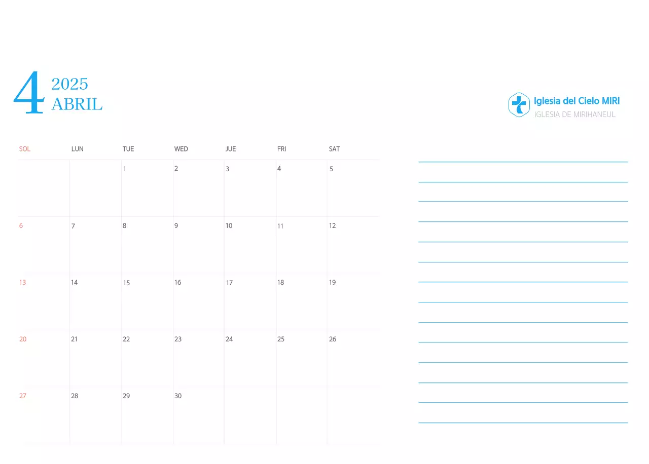 Calendario eclesiástico azul de concepto moderno