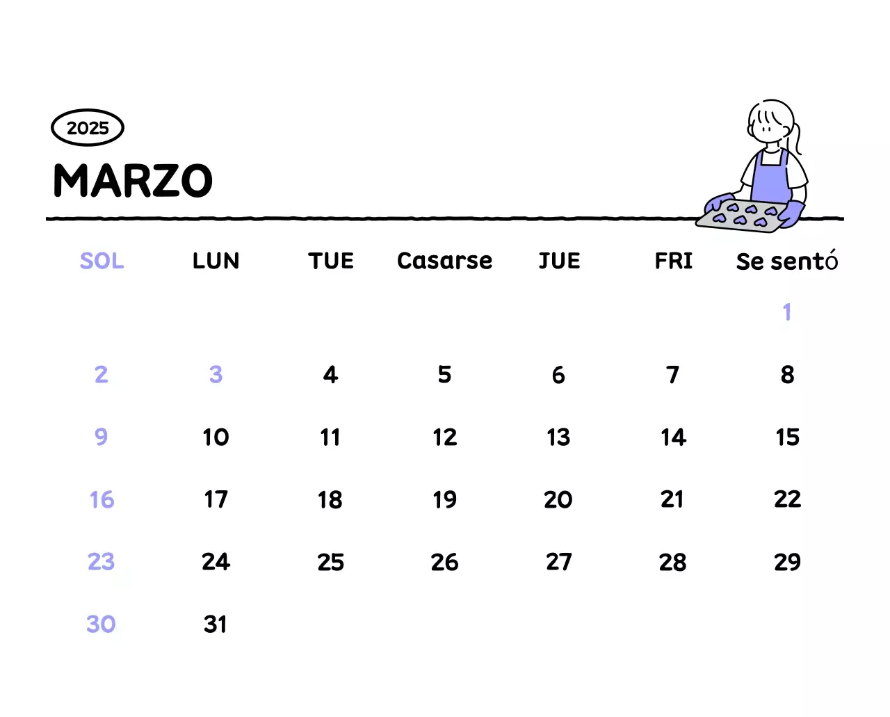 Calendario ilustrado con un bonito estilo de líneas