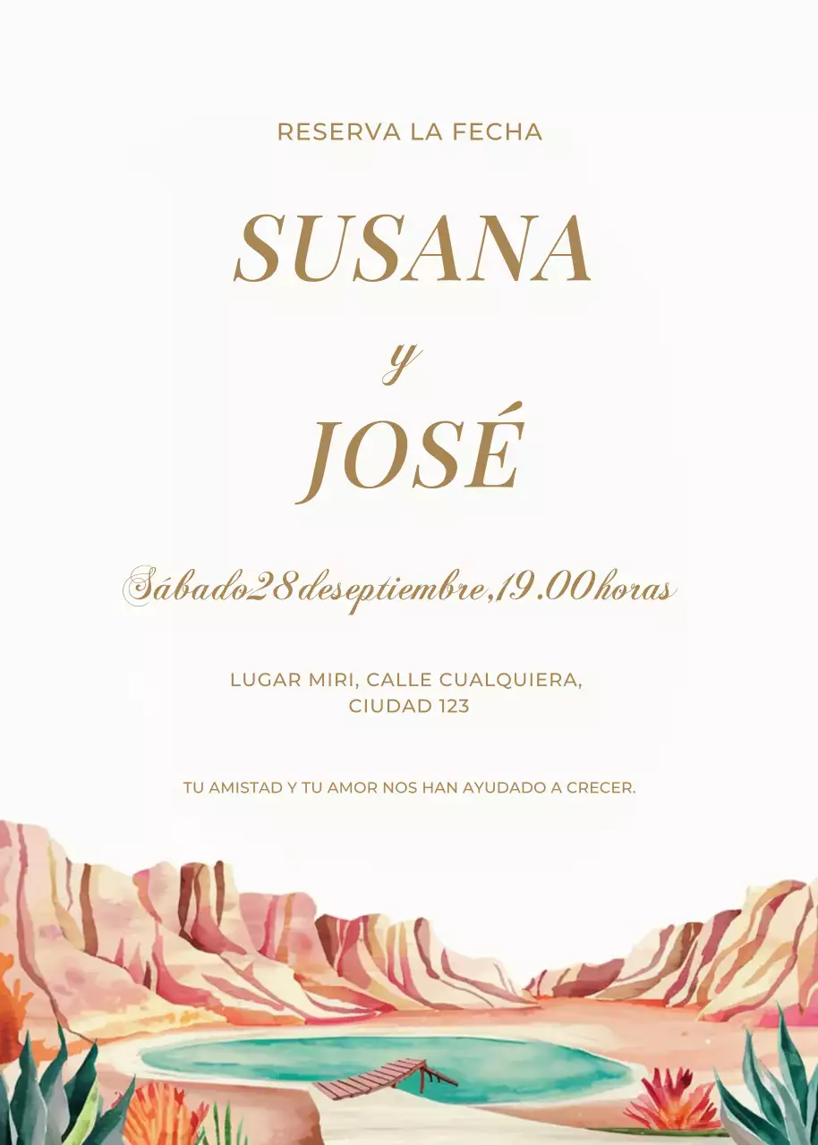 Invitación de boda beige naranja azul estilo elagante