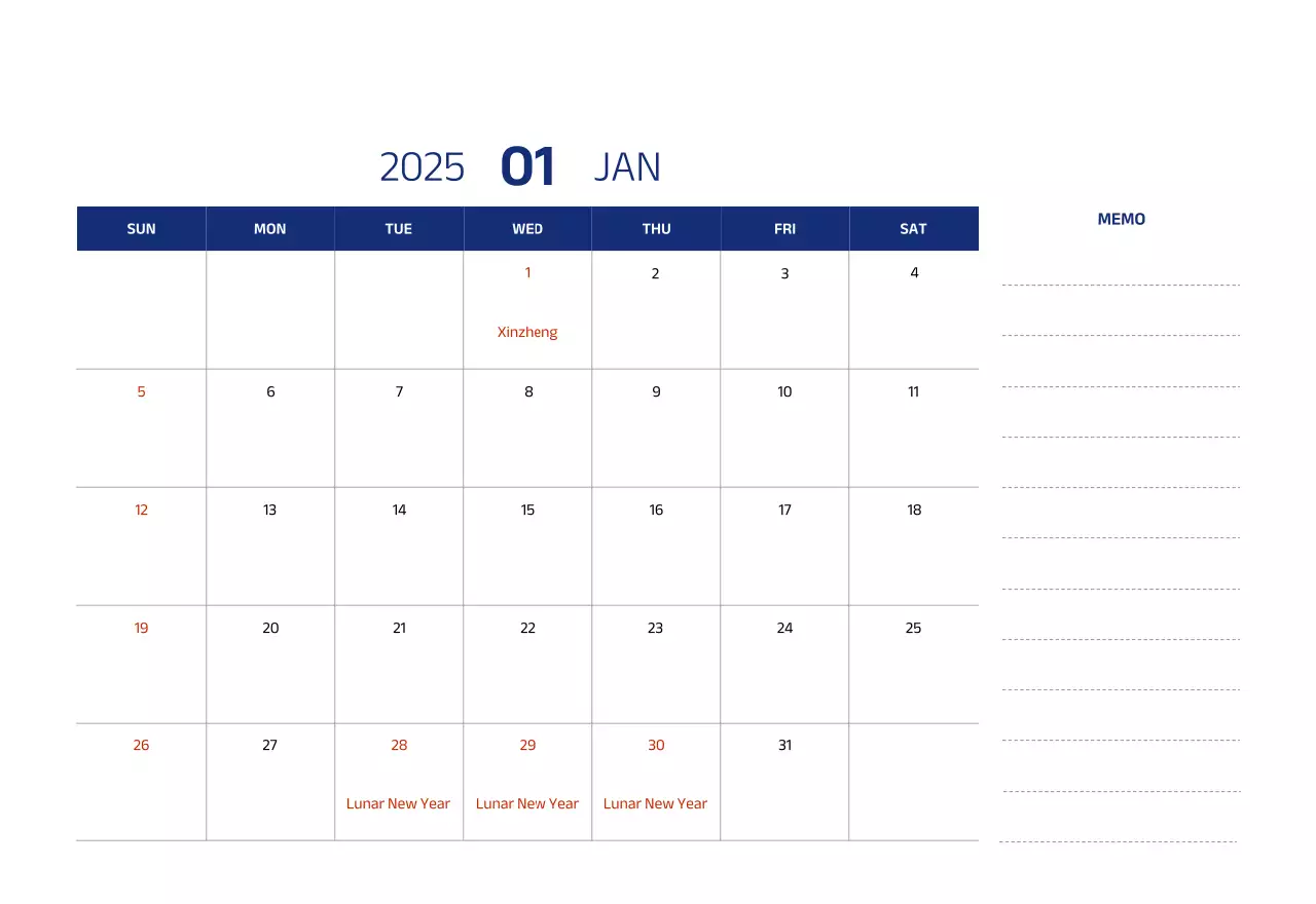 Simple calendar with blue, clean illustrations