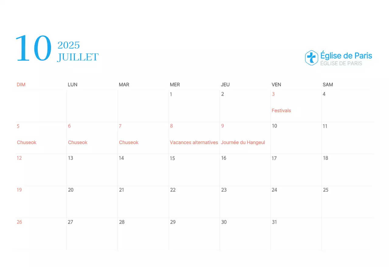 Calendrier d'église moderne bleu