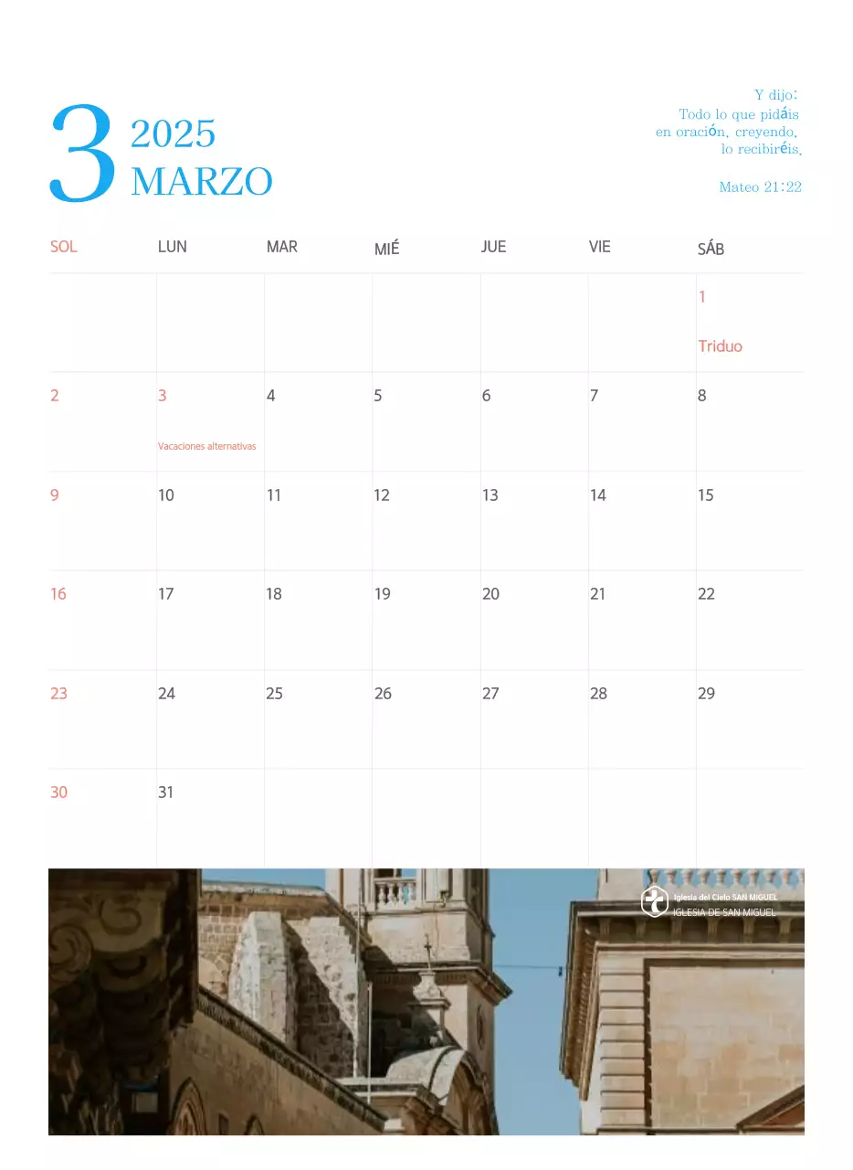 Calendario eclesiástico azul de concepto moderno