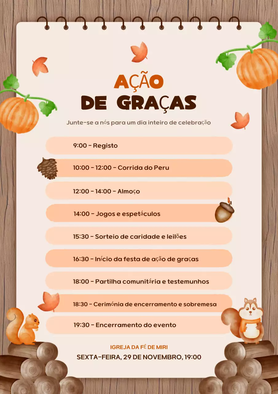 calendário de eventos do Dia de Ação de Graças rústico em laranja