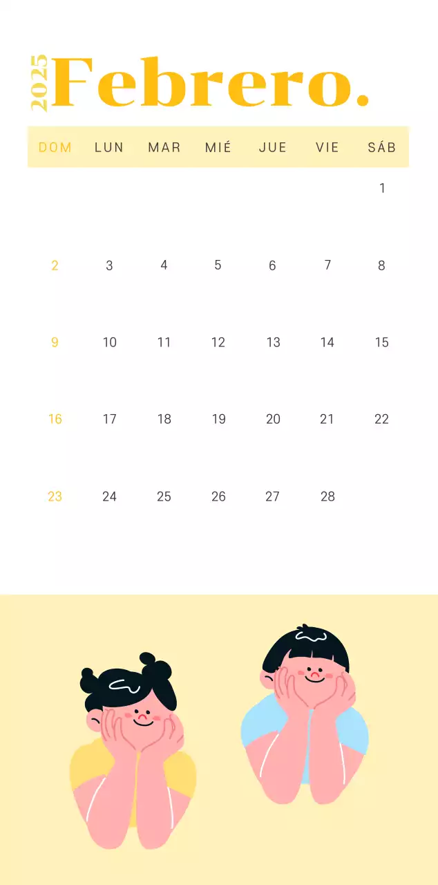 Calendario con ilustraciones juveniles sobre fondo amarillo verdoso