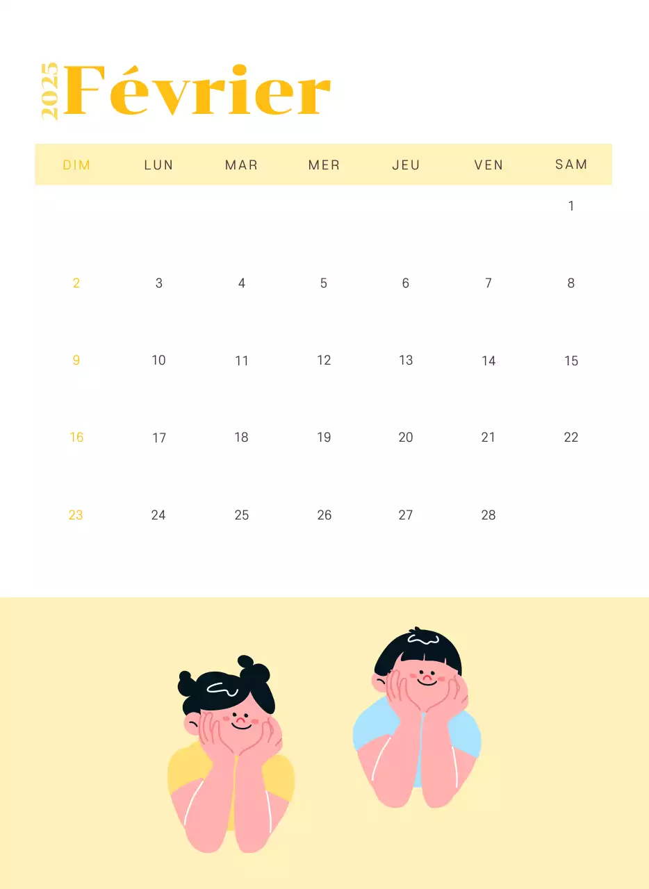 Calendrier avec illustrations de jeunes sur fond jaune-vert