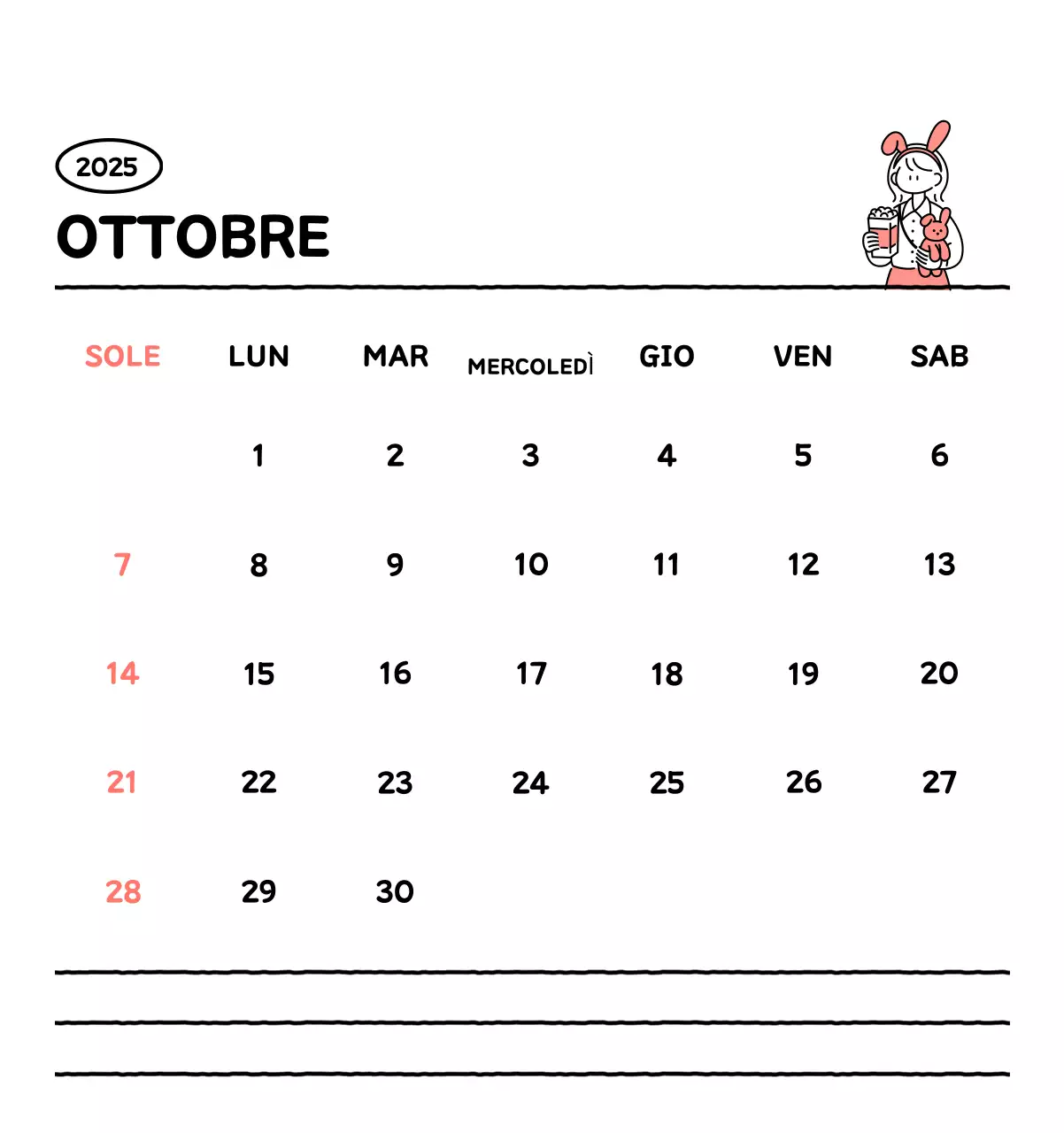Calendario illustrato con un grazioso stile di linee