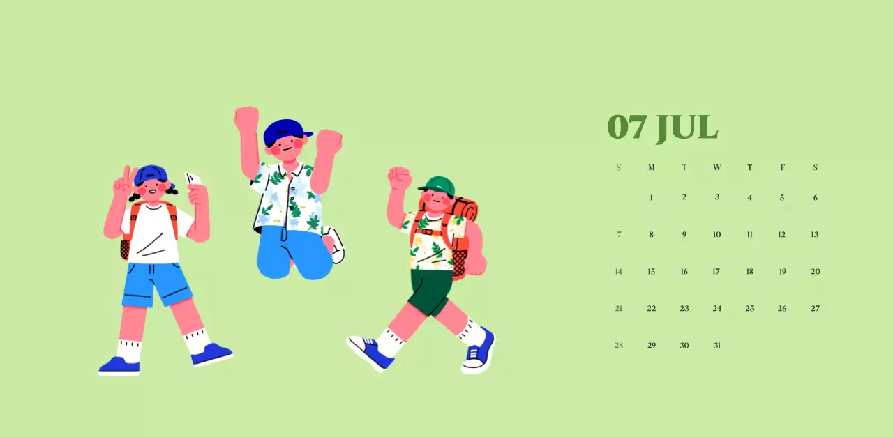 Calendar with youth illustrations on a yellow-green background