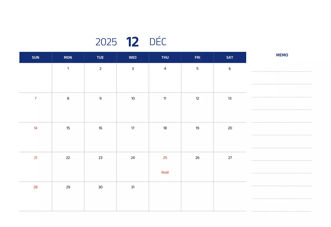 Calendrier simple avec des illustrations bleues et épurées