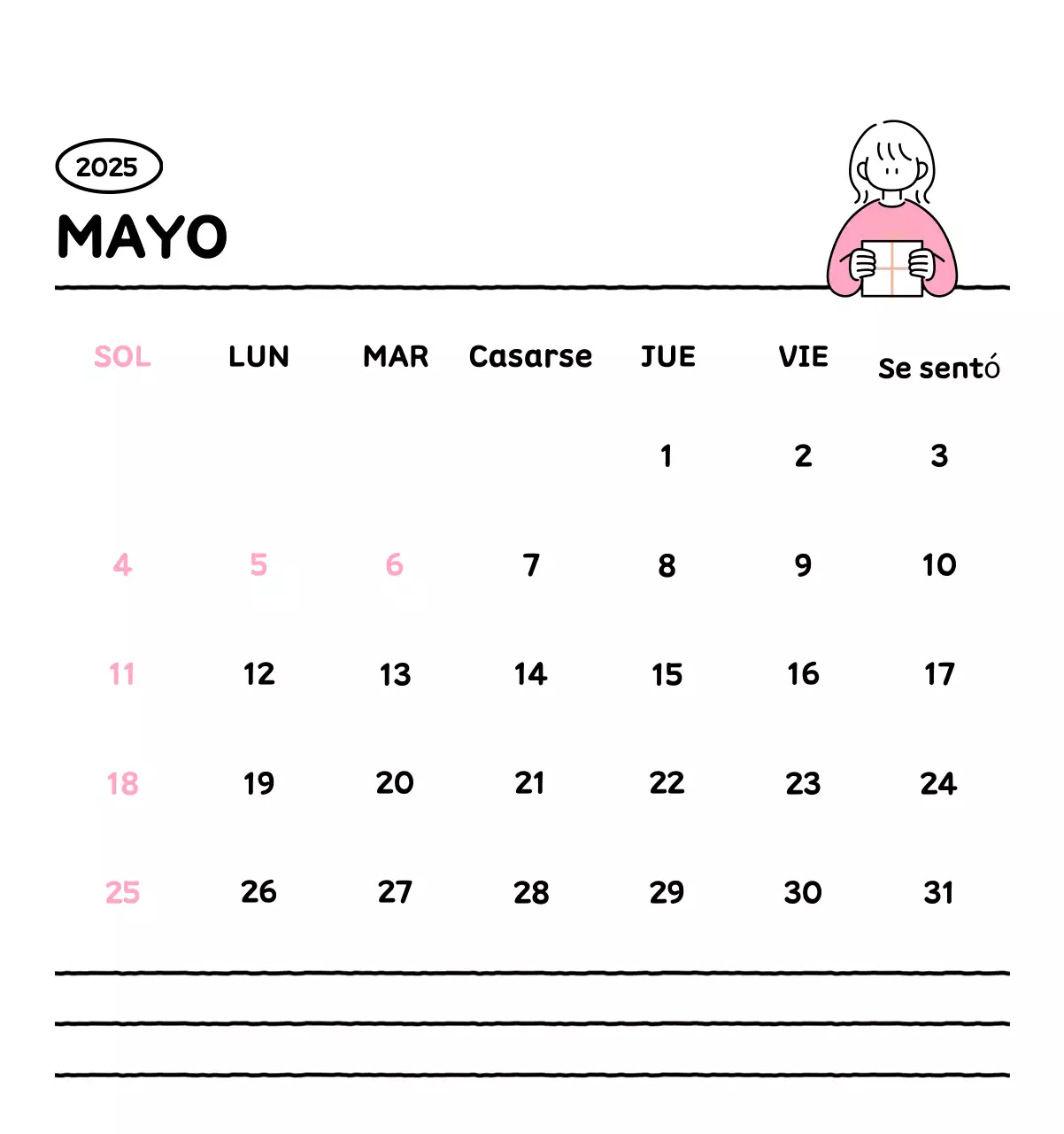 Calendario ilustrado con un bonito estilo de líneas