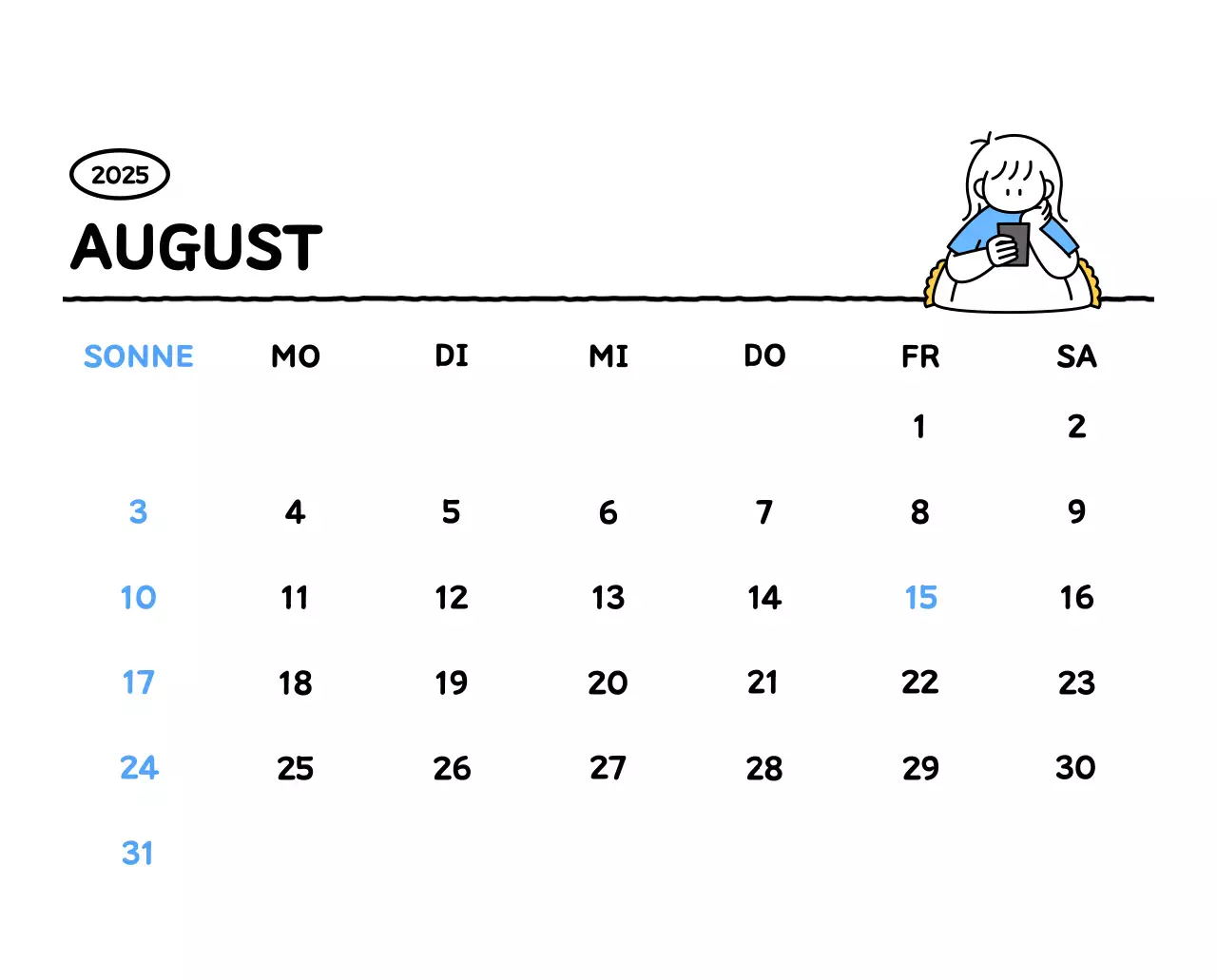 Illustrierter Kalender mit schönem Linienstil