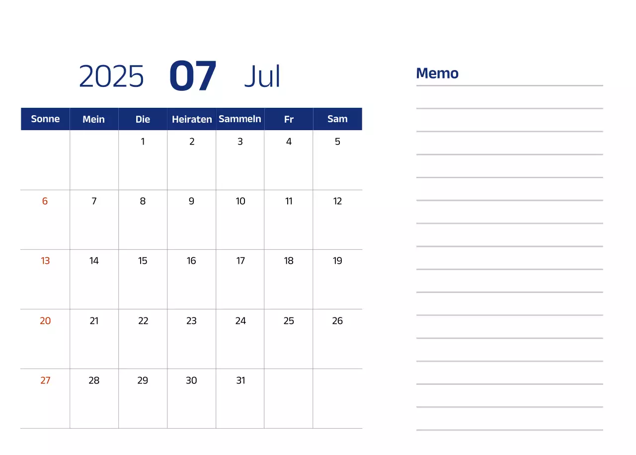 Einfacher Kalender mit blauen, klaren Illustrationen