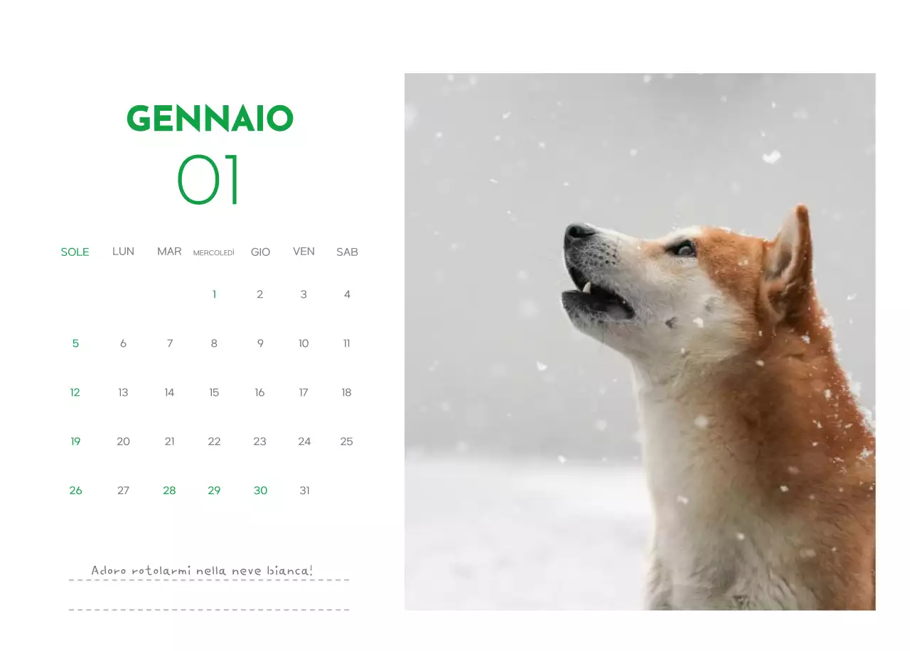 Un calendario con la foto di un cucciolo e un simpatico messaggio in colore verde.