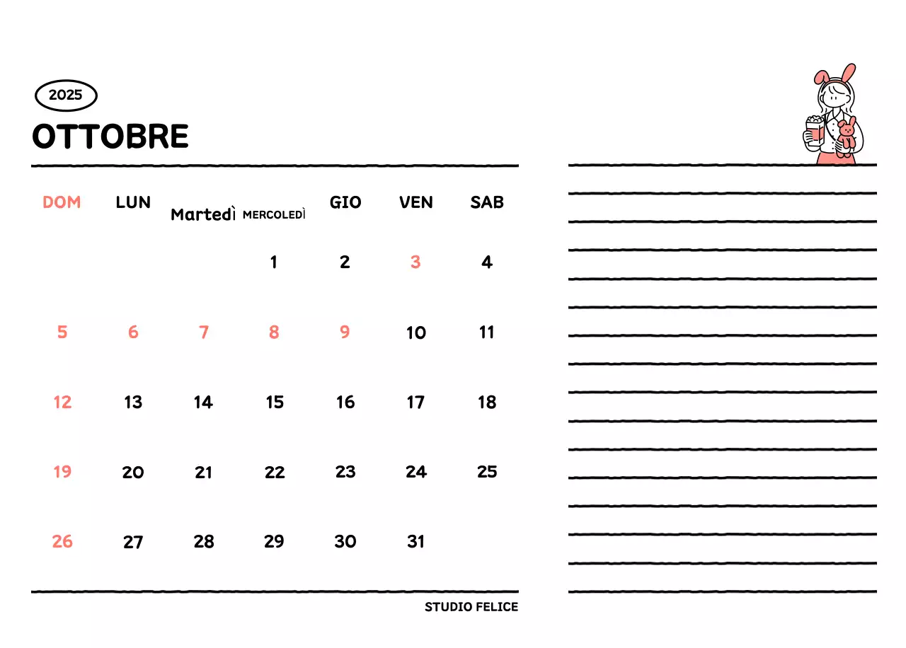 Calendario illustrato con un grazioso stile di linee