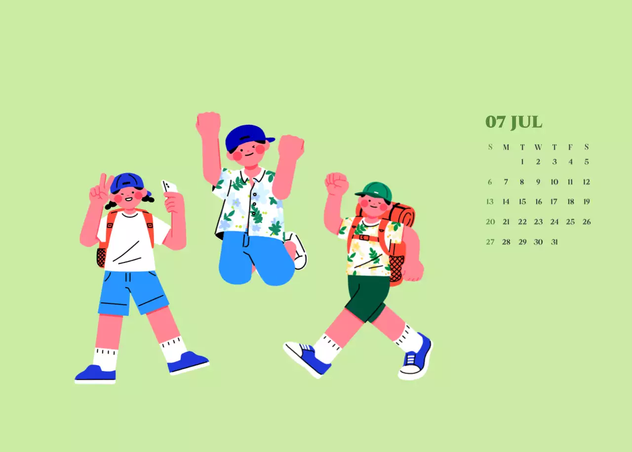 Calendario con ilustraciones juveniles sobre fondo amarillo verdoso