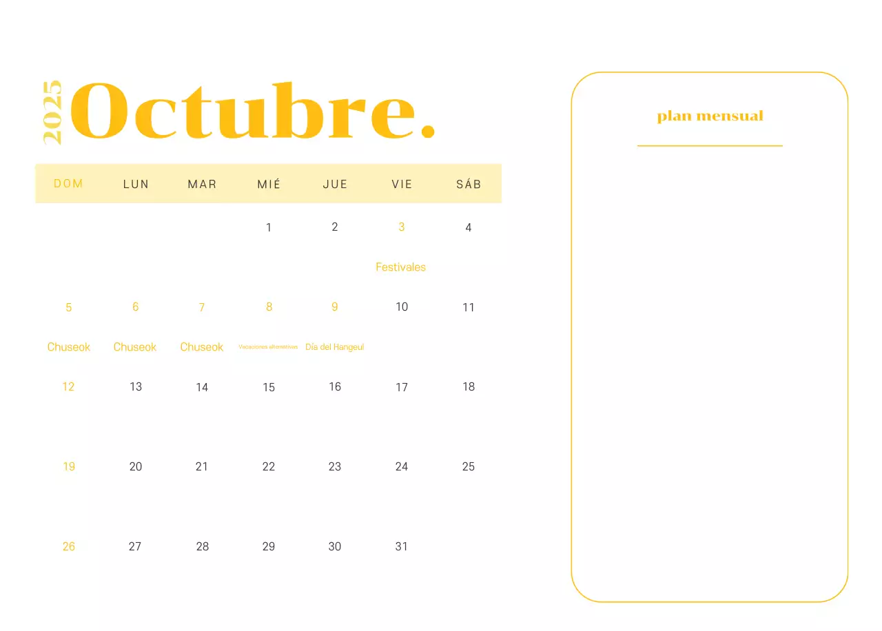 Calendario con ilustraciones juveniles sobre fondo amarillo verdoso