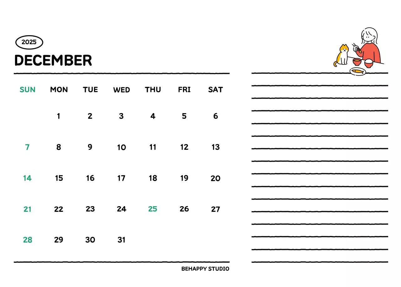 Illustrated calendar with a cute line style