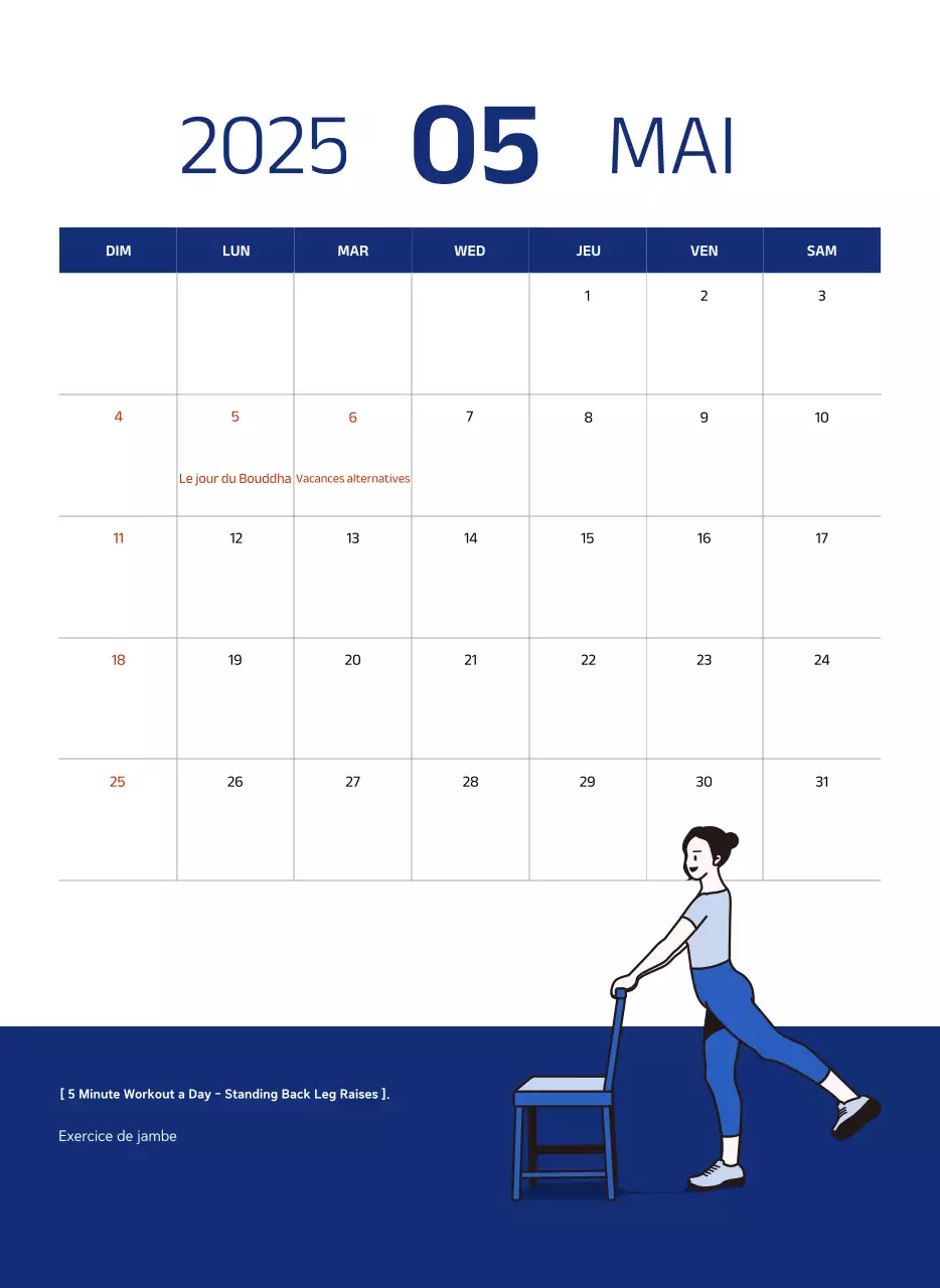 Calendrier simple avec des illustrations bleues et épurées