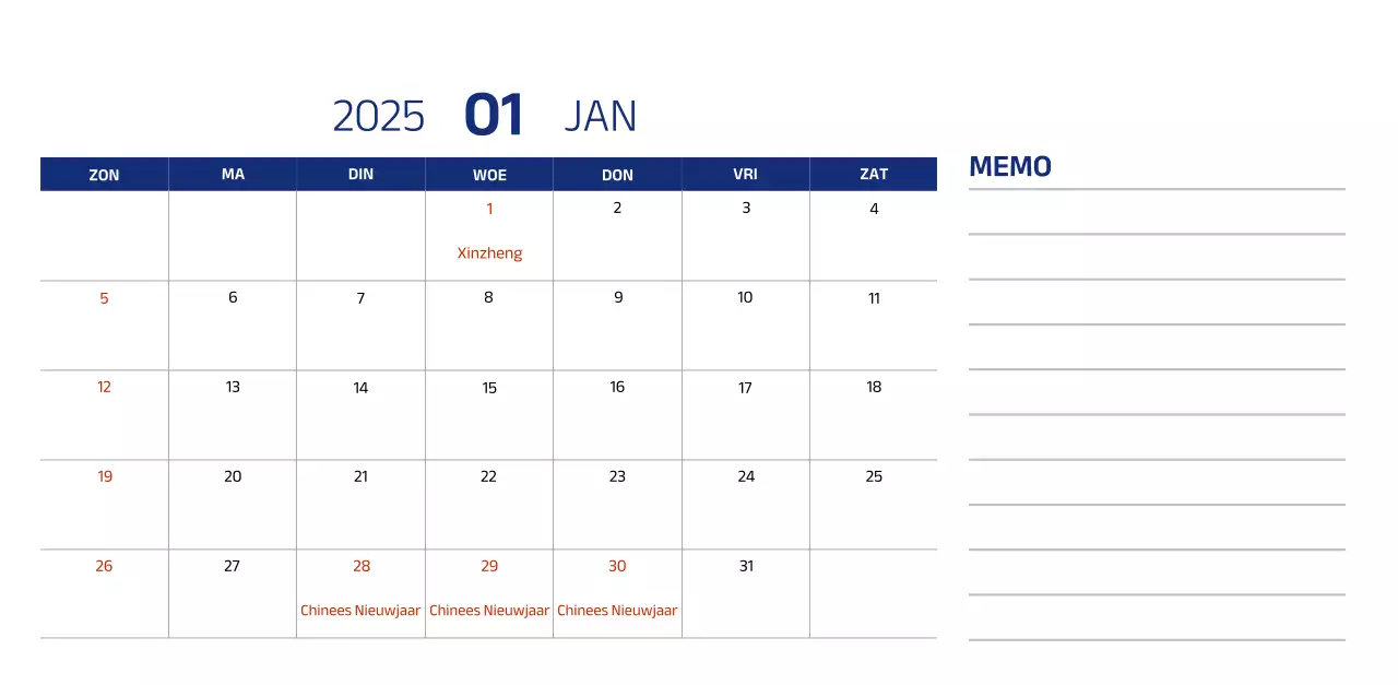 Eenvoudige kalender met blauwe, strakke illustraties