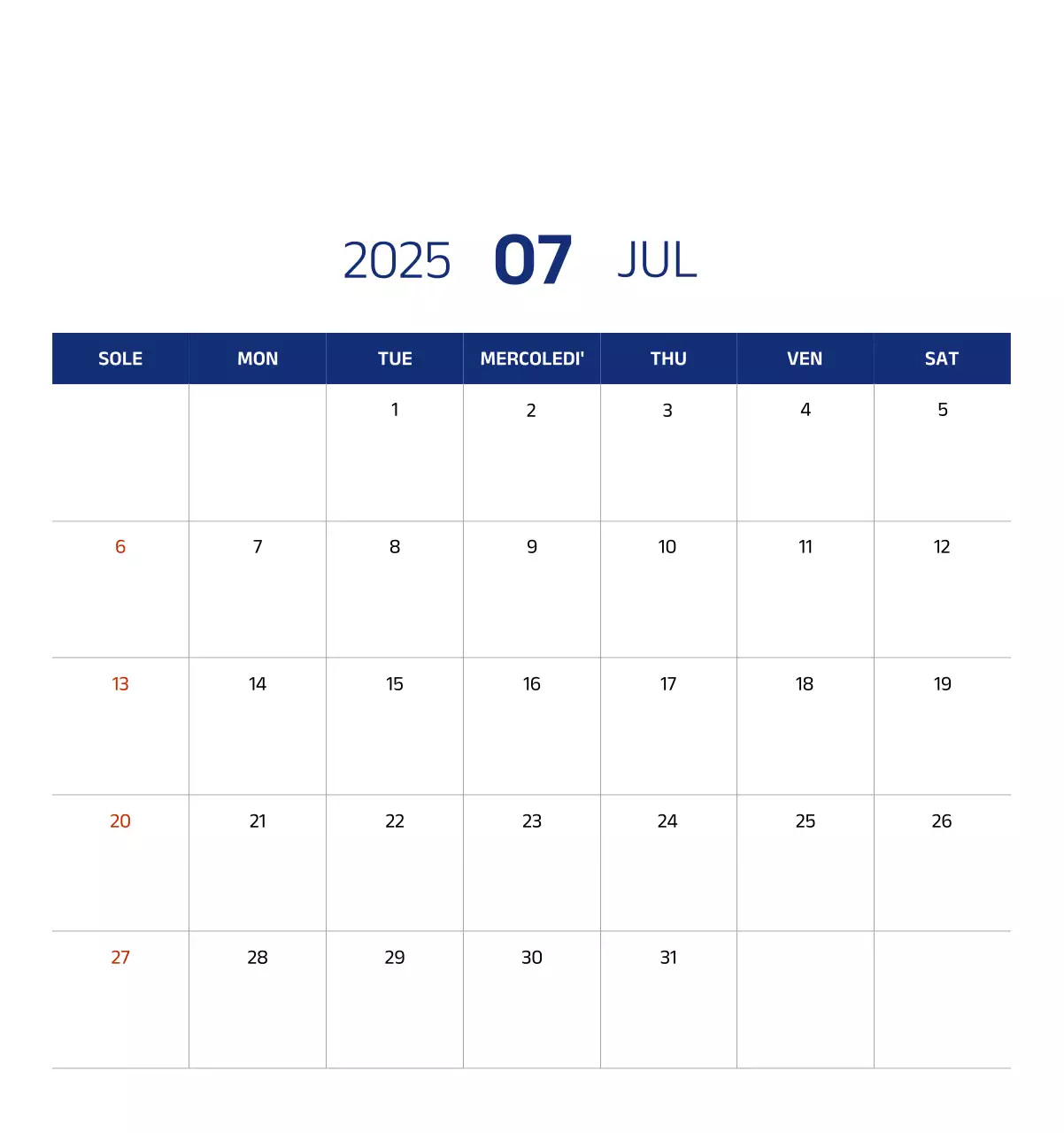 Calendario semplice con illustrazioni blu e pulite