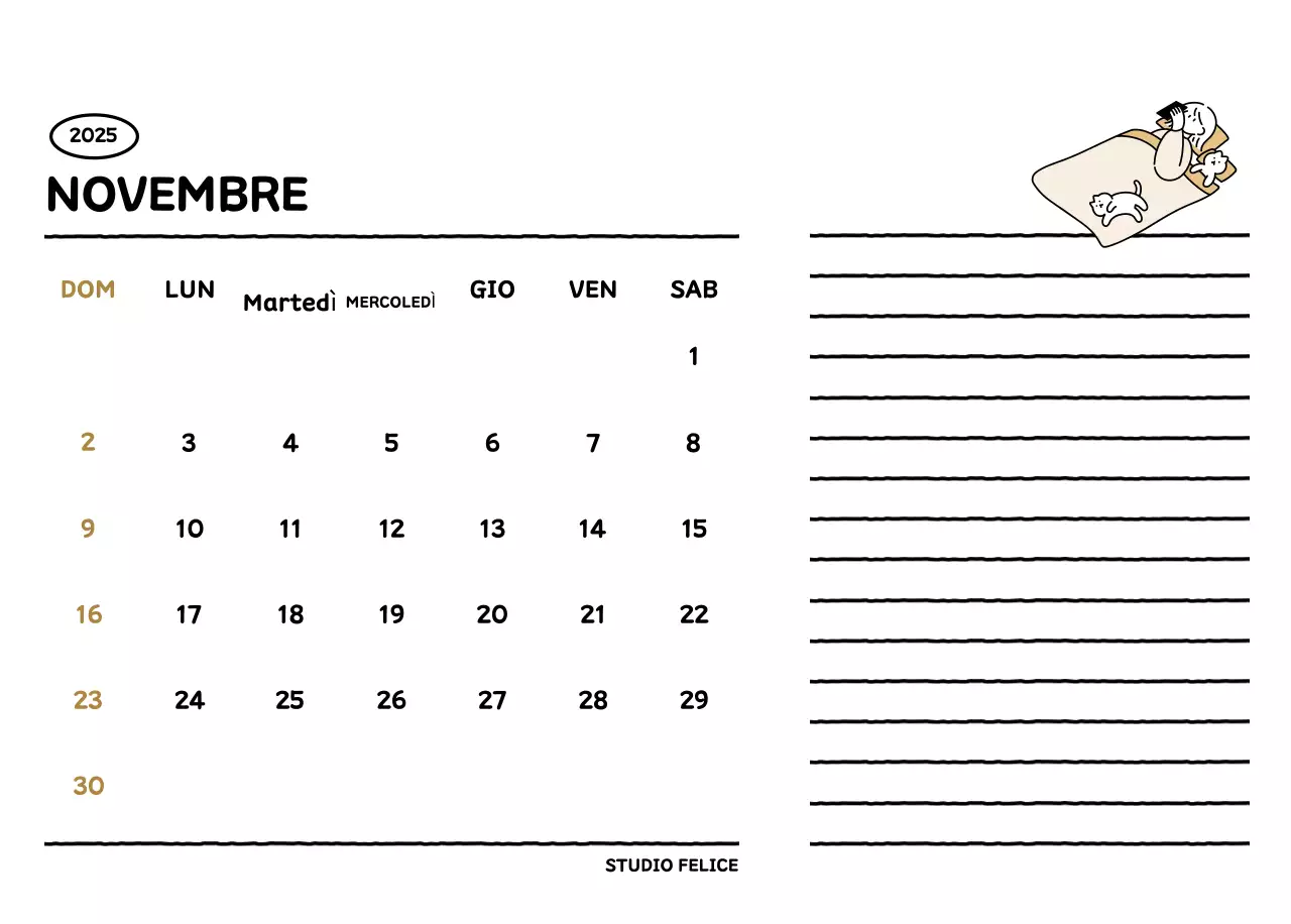 Calendario illustrato con un grazioso stile di linee