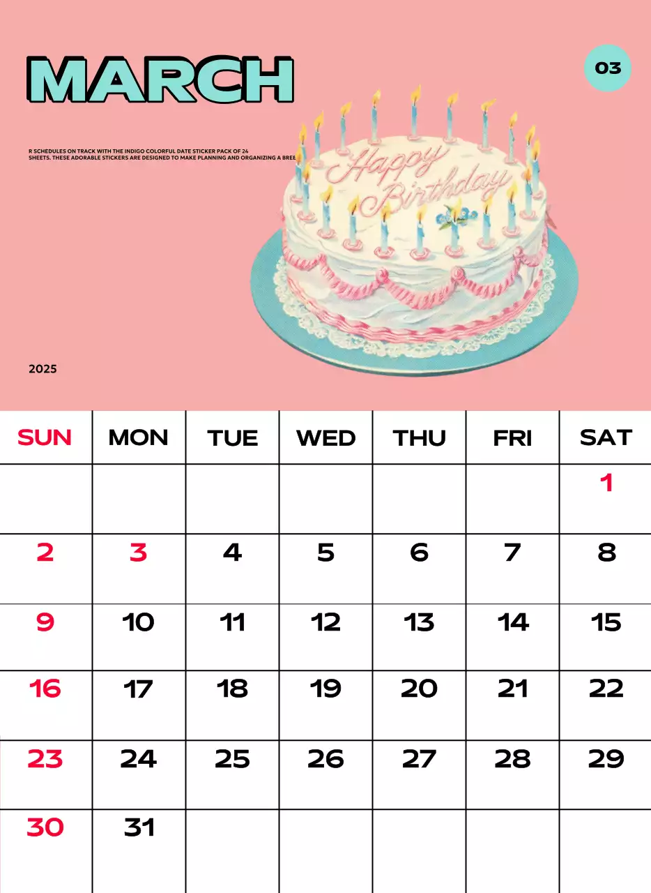 Kalender penuh warna dengan berbagai ilustrasi retro