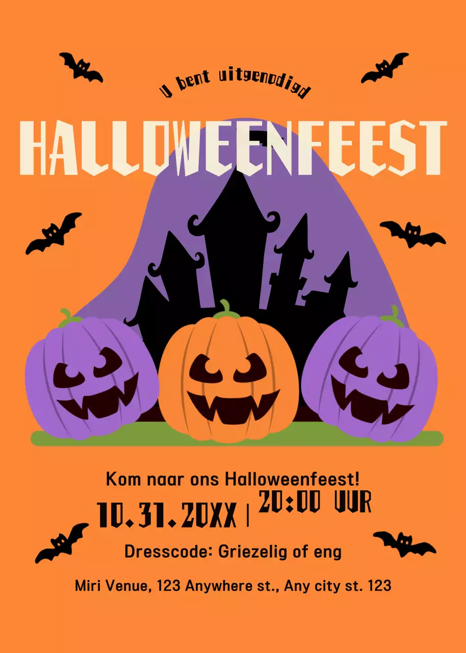Uitnodiging voor Halloweenfeest zwart oranje paars