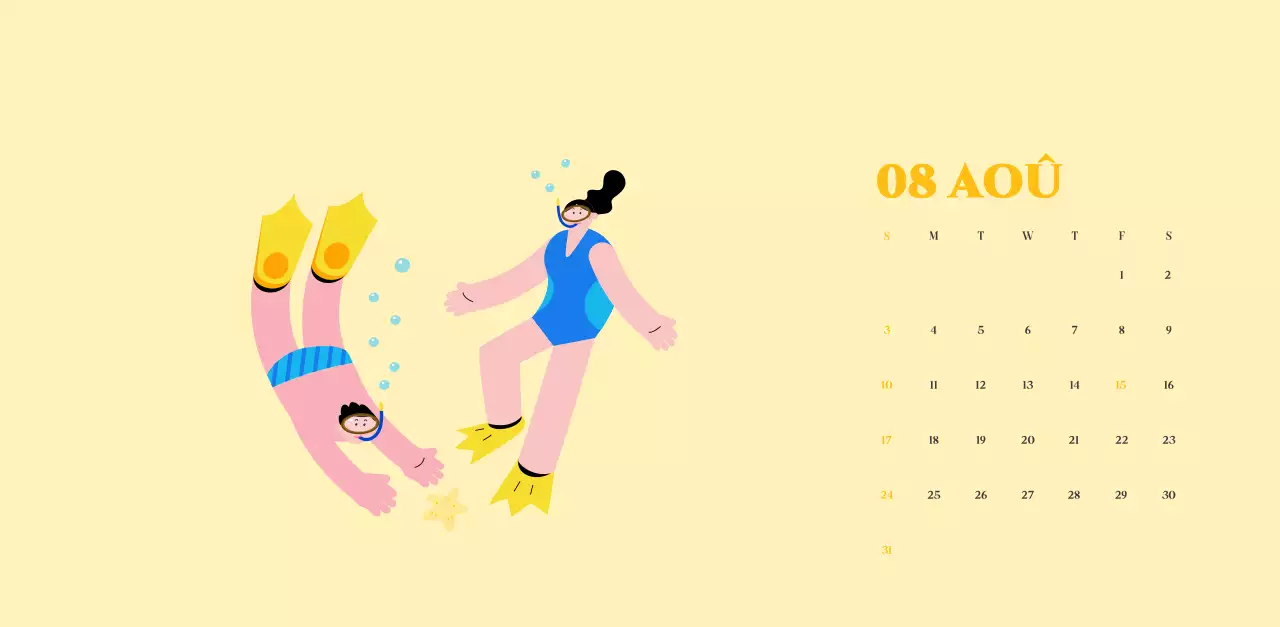 Calendrier avec illustrations de jeunes sur fond jaune-vert