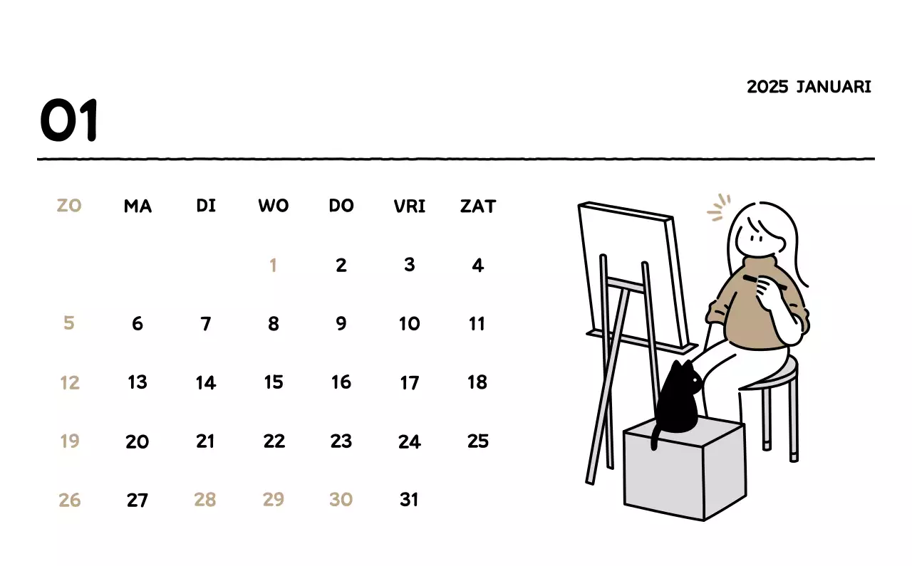 Geïllustreerde kalender met een mooie lijnstijl