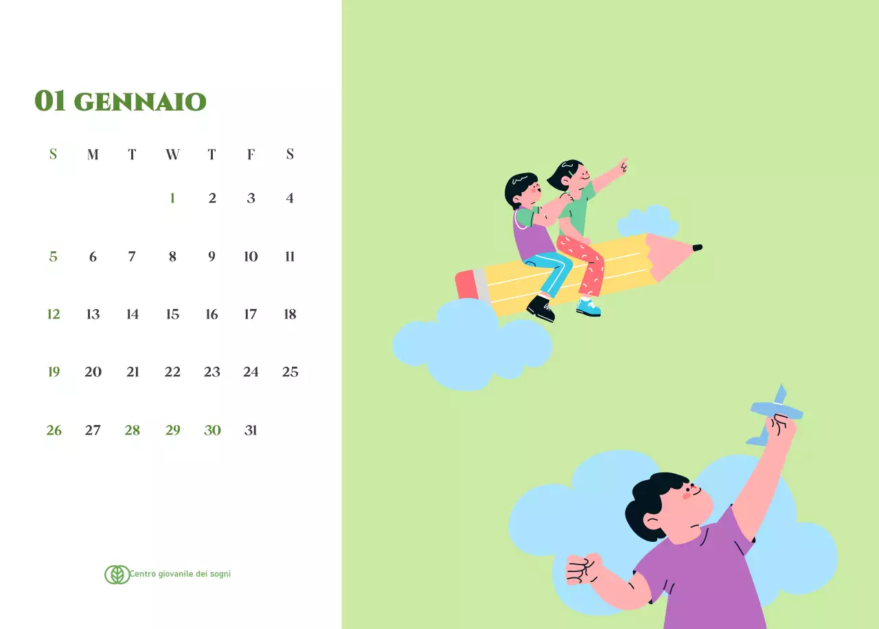 Calendario con illustrazioni giovanili su sfondo giallo-verde