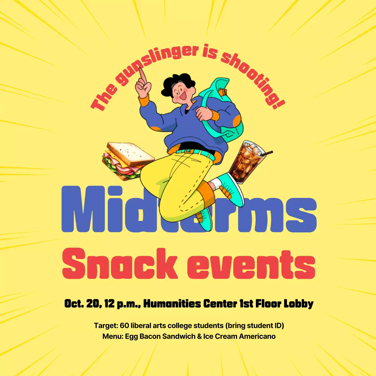 Makanan ringan dengan aksen kuning dan merah untuk mempromosikan acara