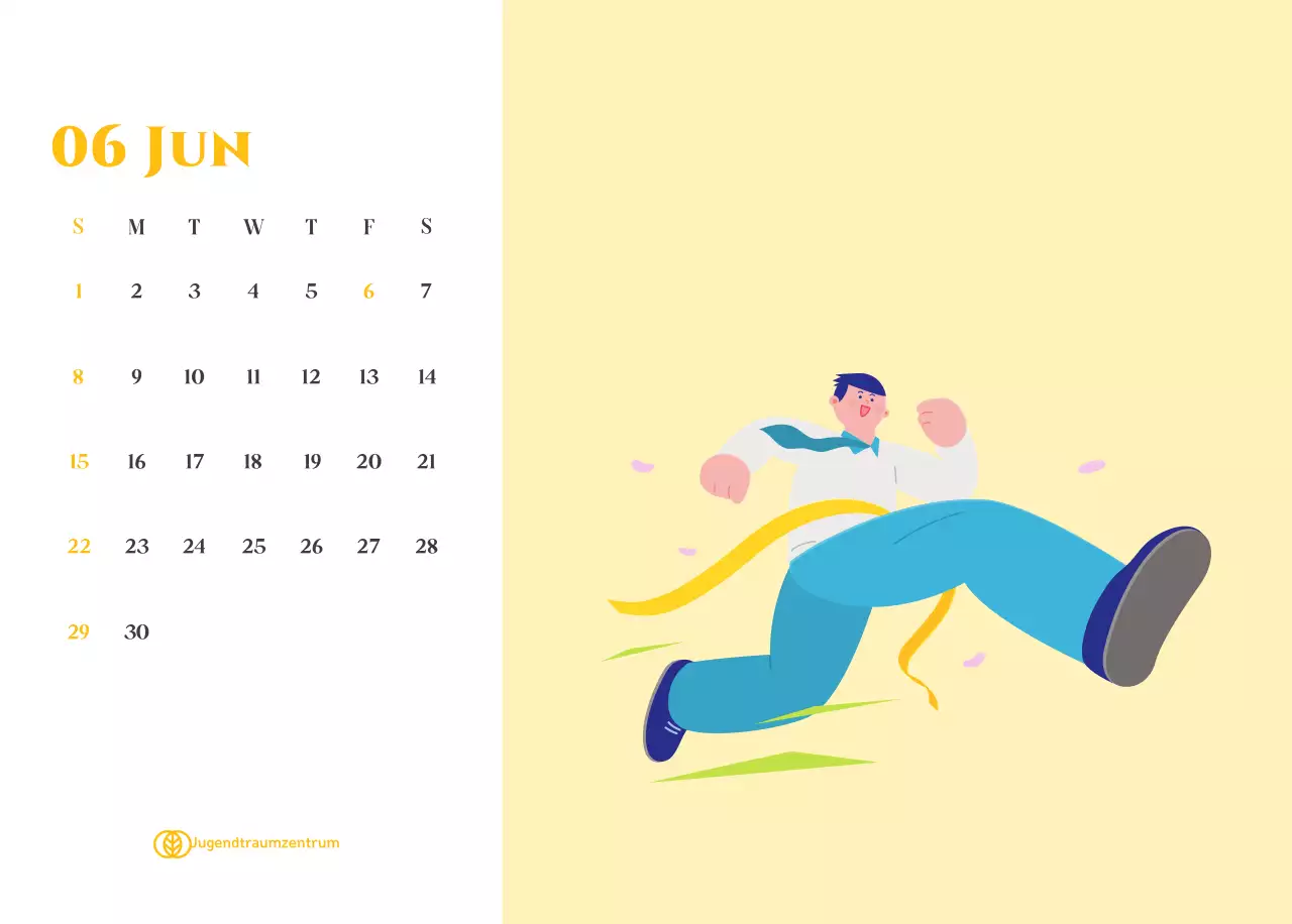 Kalender mit Jugendillustrationen auf gelb-grünem Hintergrund