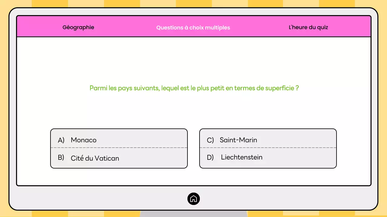 Quiz de géographie moderne rose et jaune