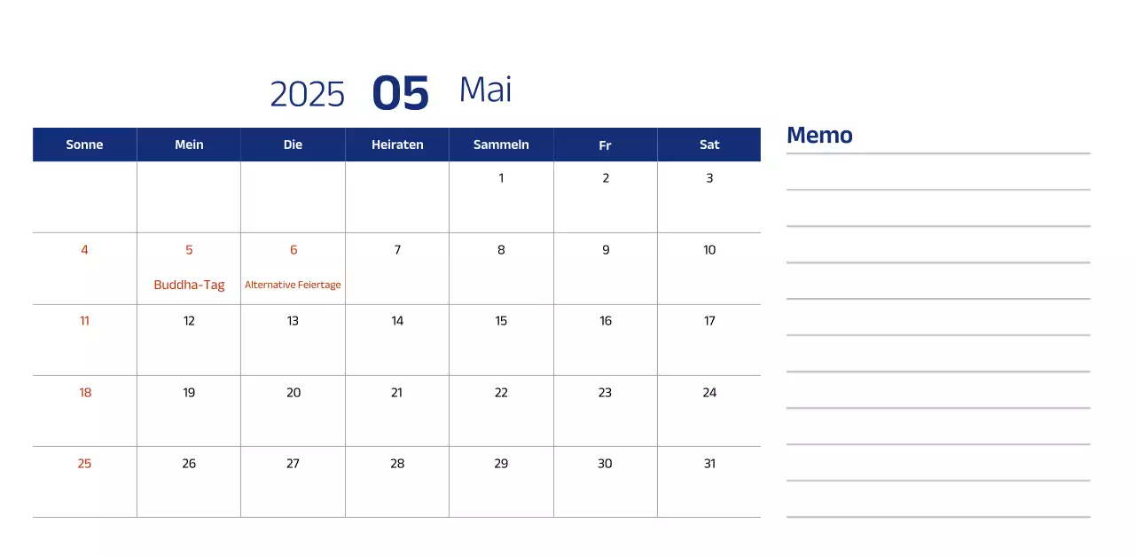 Einfacher Kalender mit blauen, klaren Illustrationen