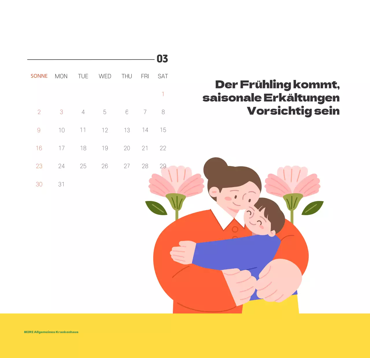 Ein festliches Krankenhaus mit Illustrationen zum Thema Gesundheit und Familie und farbenfrohen Akzenten
