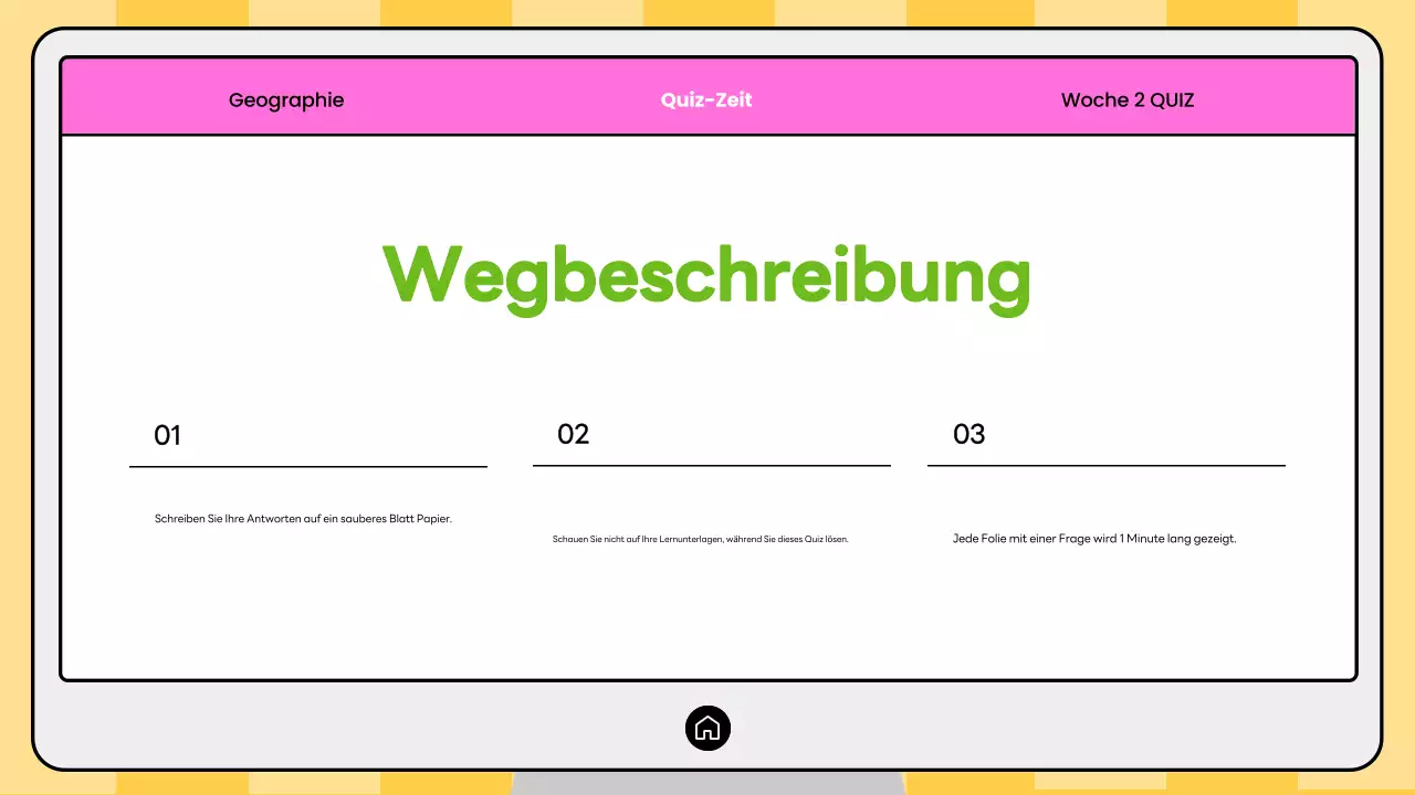 Rosa und gelbes Quiz zur modernen Geografie