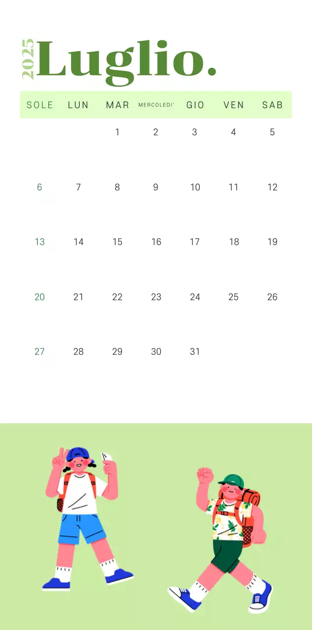 Calendario con illustrazioni giovanili su sfondo giallo-verde