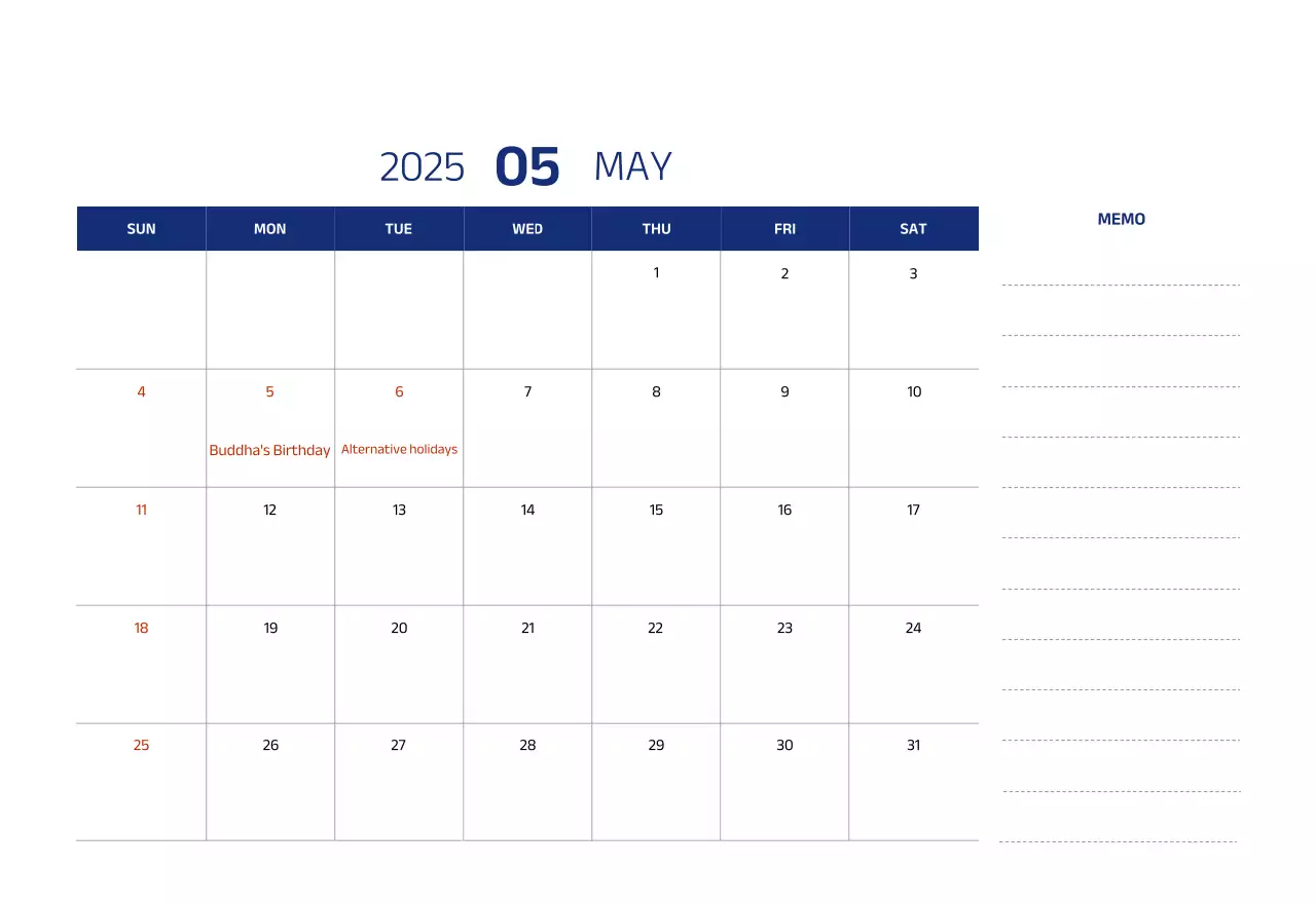 Simple calendar with blue, clean illustrations