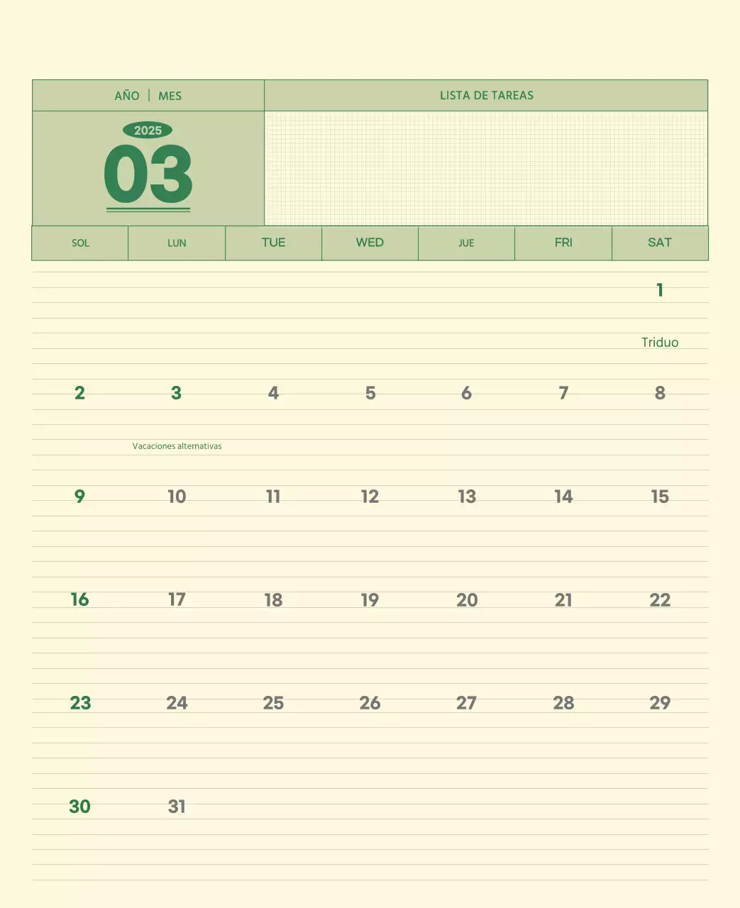 SAT Calendario de pared con concepto de bloc de notas del Día D en verde y amarillo claro