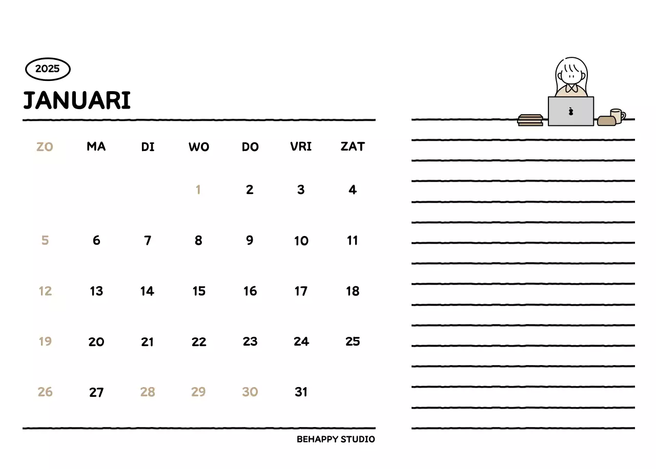 Geïllustreerde kalender met een mooie lijnstijl