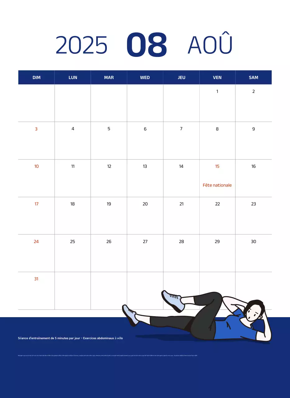 Calendrier simple avec des illustrations bleues et épurées