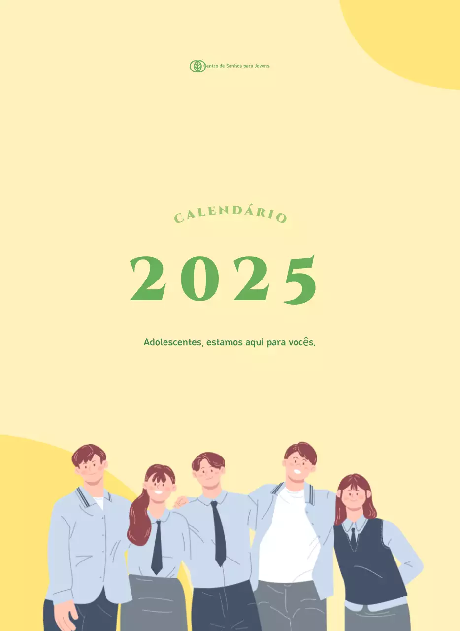 Calendário com ilustrações de jovens num fundo amarelo-verde