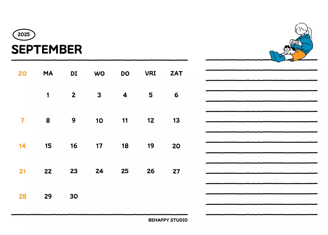 Geïllustreerde kalender met een mooie lijnstijl