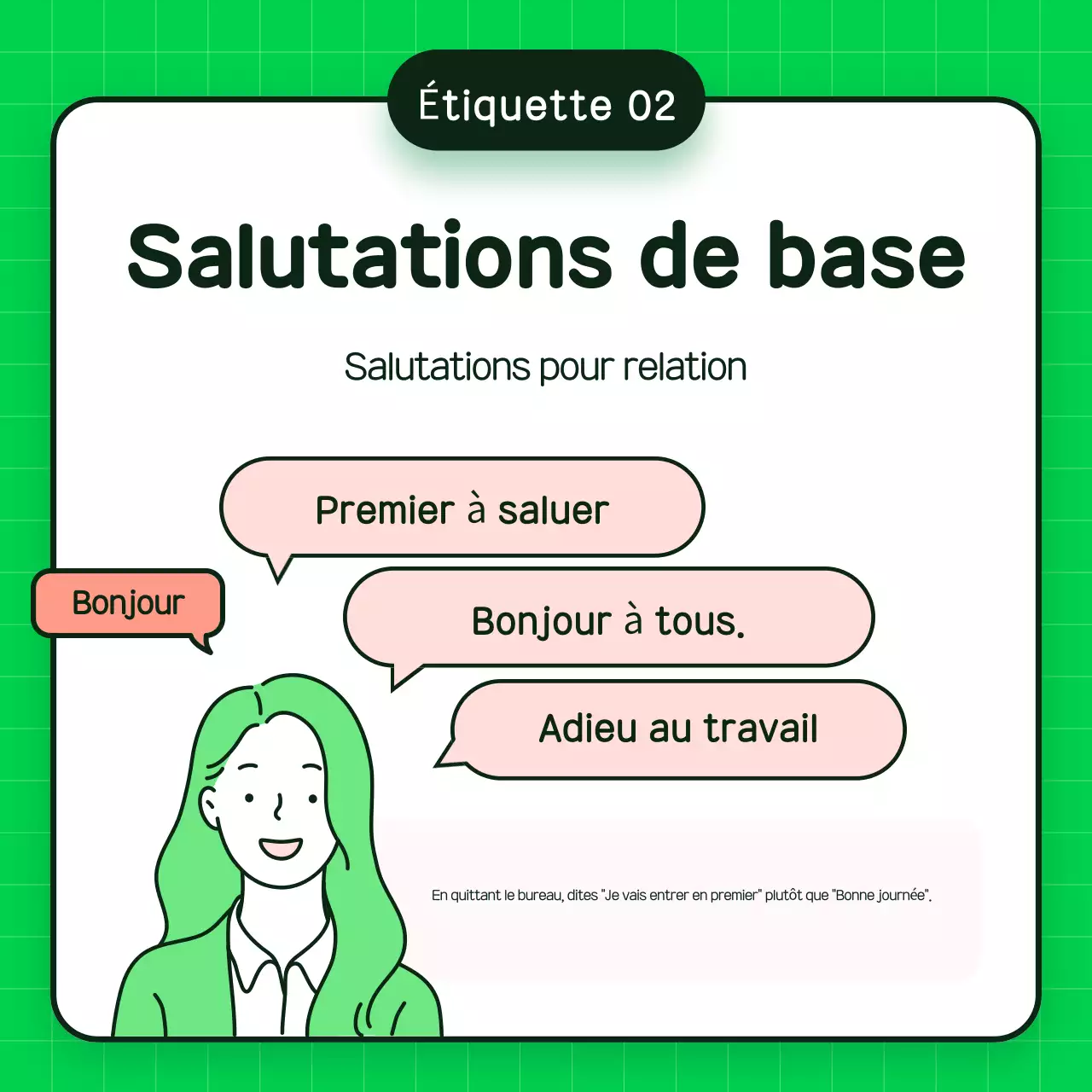 Matériel de formation à l'étiquette verte et simple sur le lieu de travail