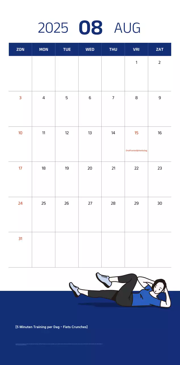 Eenvoudige kalender met blauwe, strakke illustraties